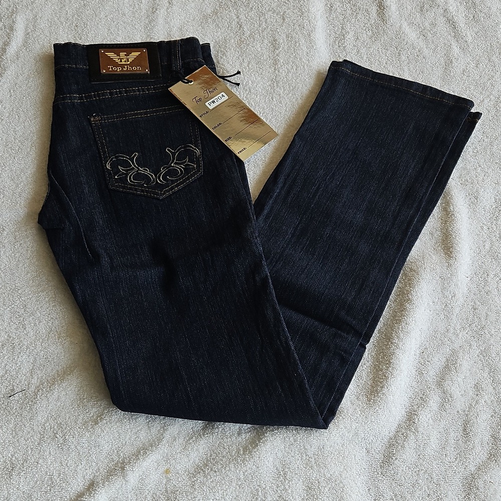 Top Jhon‎ Dark Blue Denim Straight Jeans woman 5-Pocket Button Embroidered
